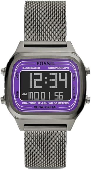 Fossil Retro Digital FS5888 watch with purple illuminated bezel and digital display