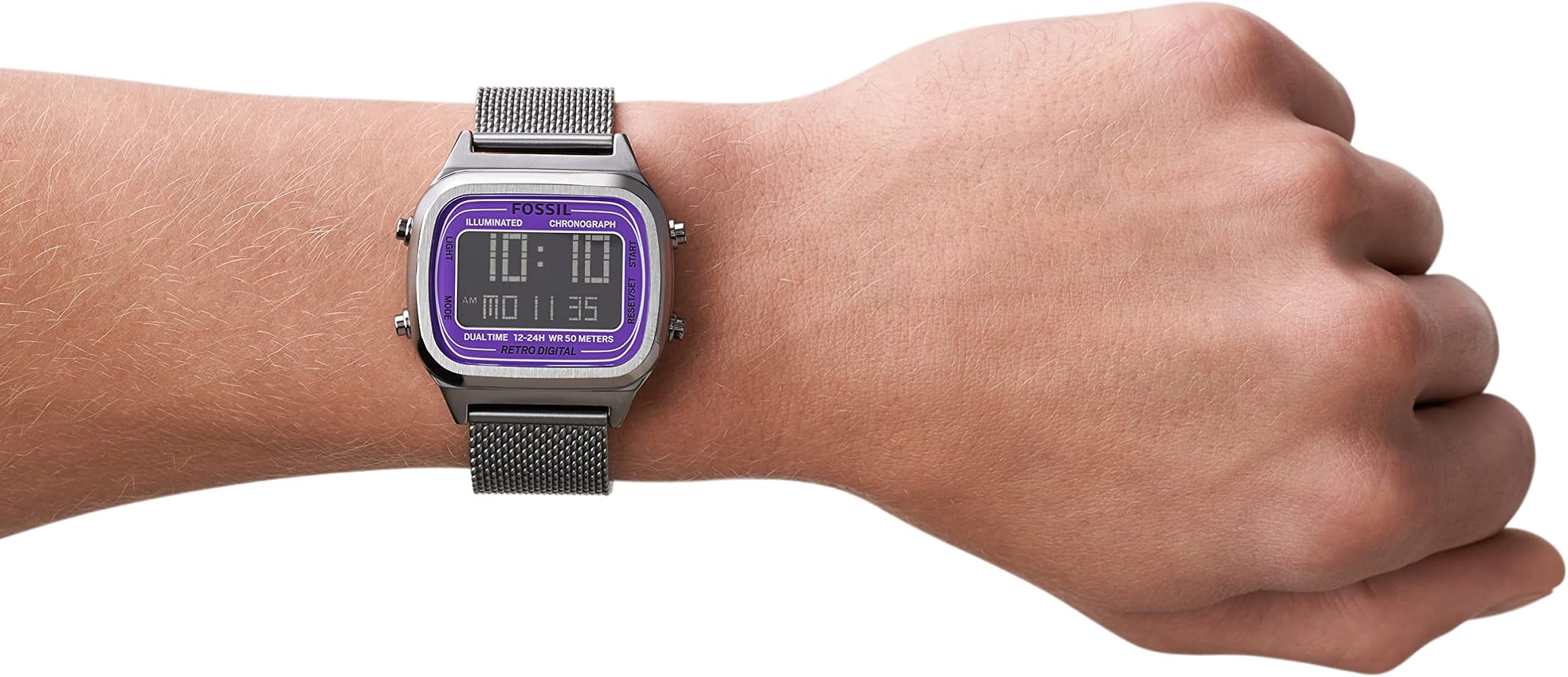 Fossil Retro Digital FS5888 worn on wrist showing digital display and purple bezel