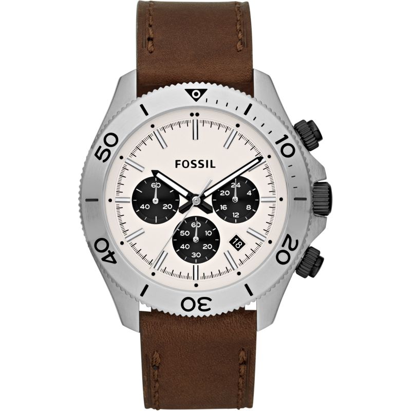 Fossil Retro Traveler Chronograph men's watch with silver case, white dial, and brown leather strap