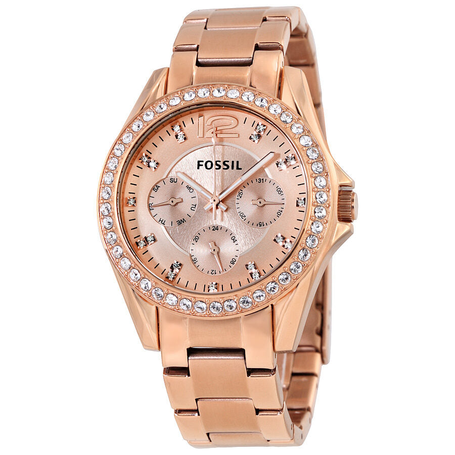 Fossil Riley multi-function rose gold-plated watch with crystal bezel and rose gold dial