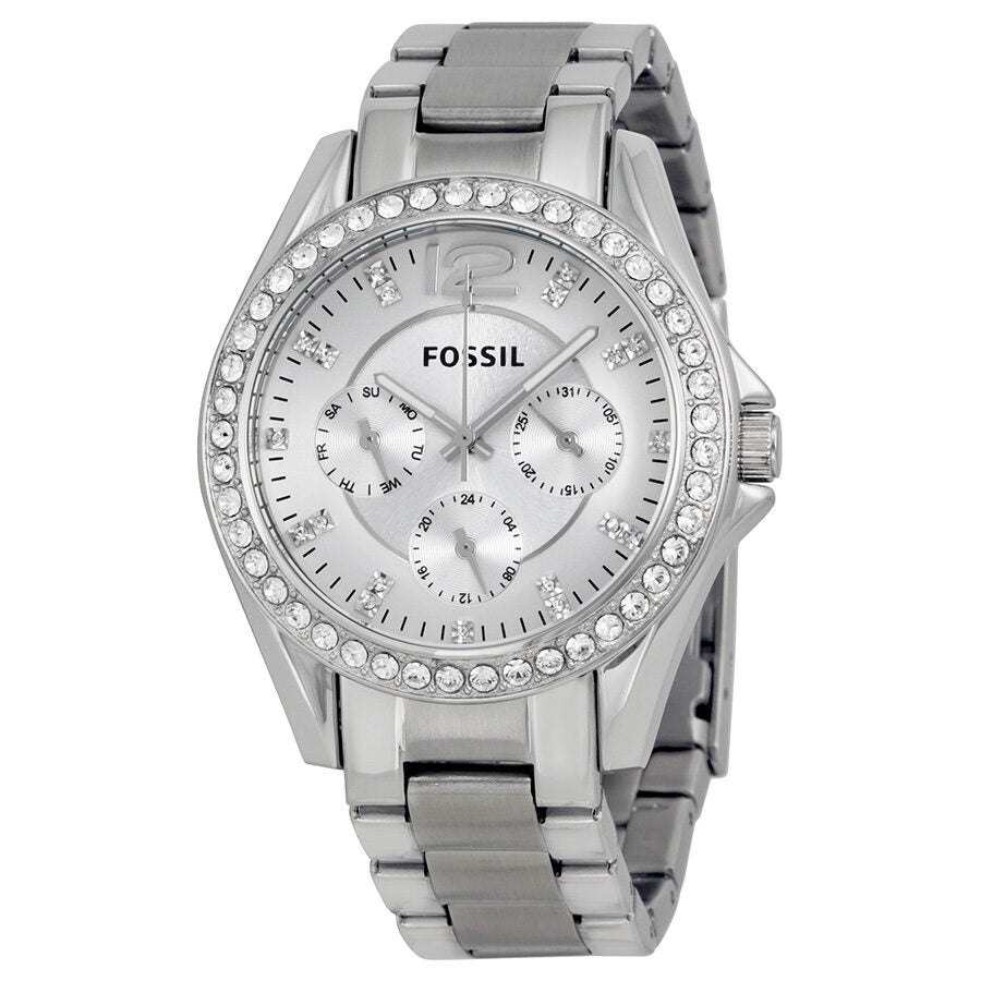 Fossil Riley multi-function watch with silver dial and crystal-set bezel