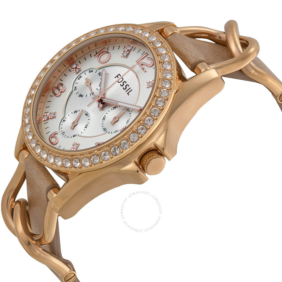 Fossil Riley watch angled view showing multi-function dial and bone leather cuff strap