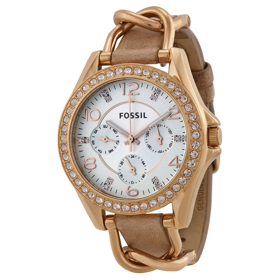 Fossil Riley multi-function watch with sand dial, rose gold case, crystal bezel, and bone leather strap