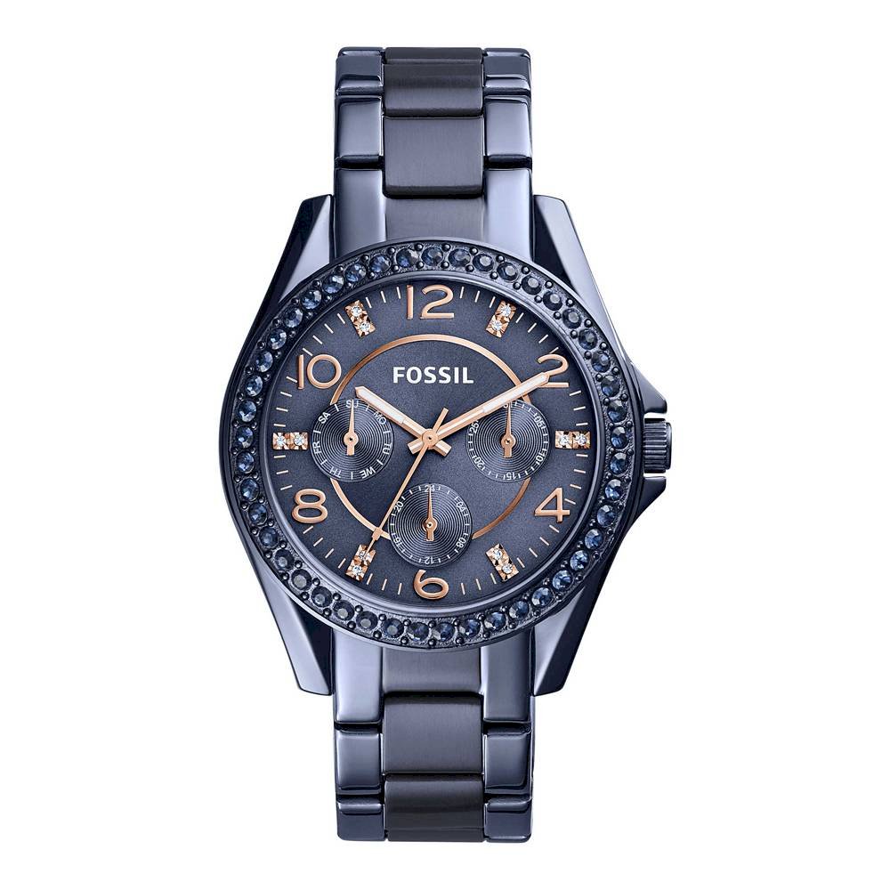 Fossil Riley multifunction watch with blue dial, rose gold numerals, crystal bezel, and blue steel bracelet