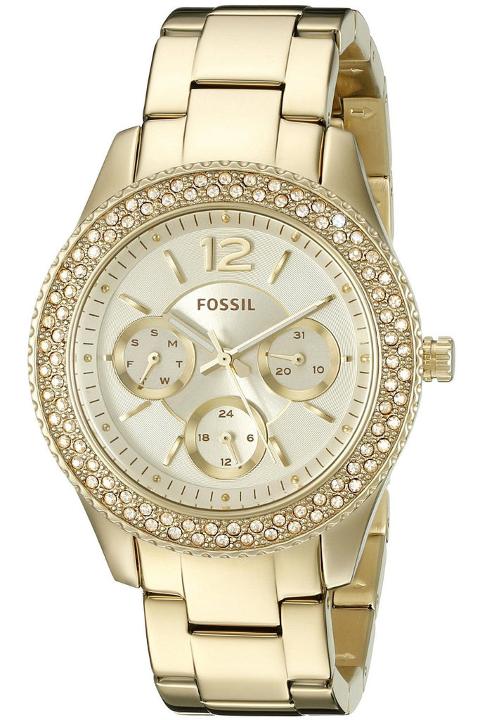 Fossil Stella gold-tone watch with champagne dial, crystal bezel, and three subdials