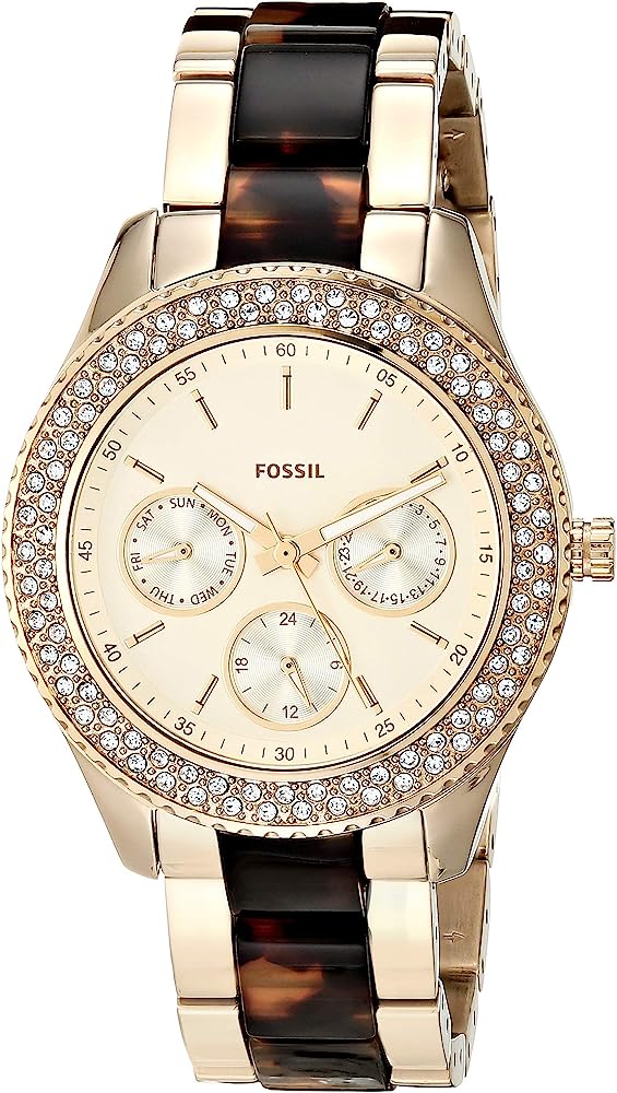 Fossil Stella two-tone stainless steel women's watch with diamond bezel and tortoiseshell strap