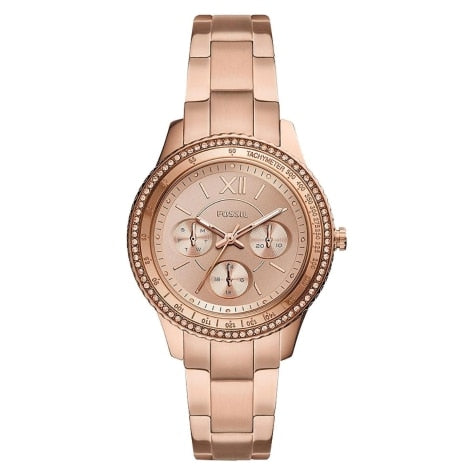 Fossil Stella Chronograph rose gold dial ladies watch with crystal bezel and rose gold bracelet