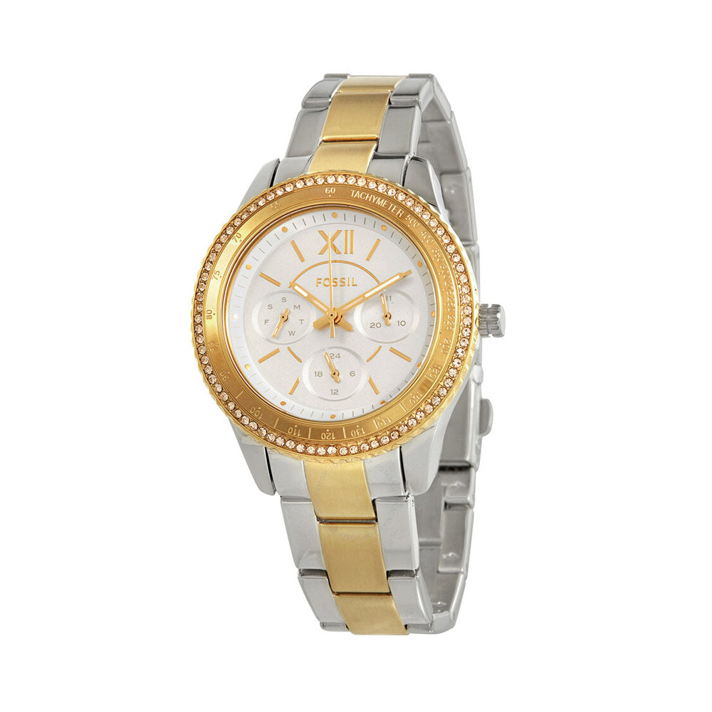Fossil Stella Sport chronograph watch with silver dial, gold-tone bezel, and two-tone bracelet