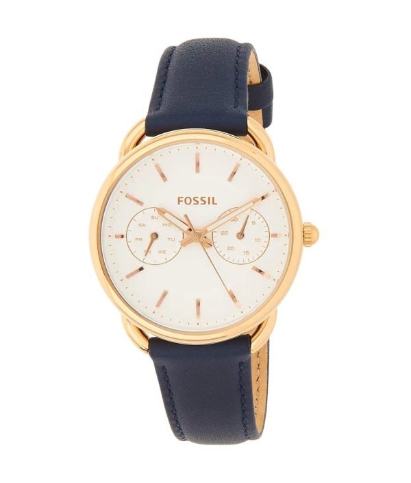 Fossil Tailor ladies watch angled view showing rose gold case and navy leather band