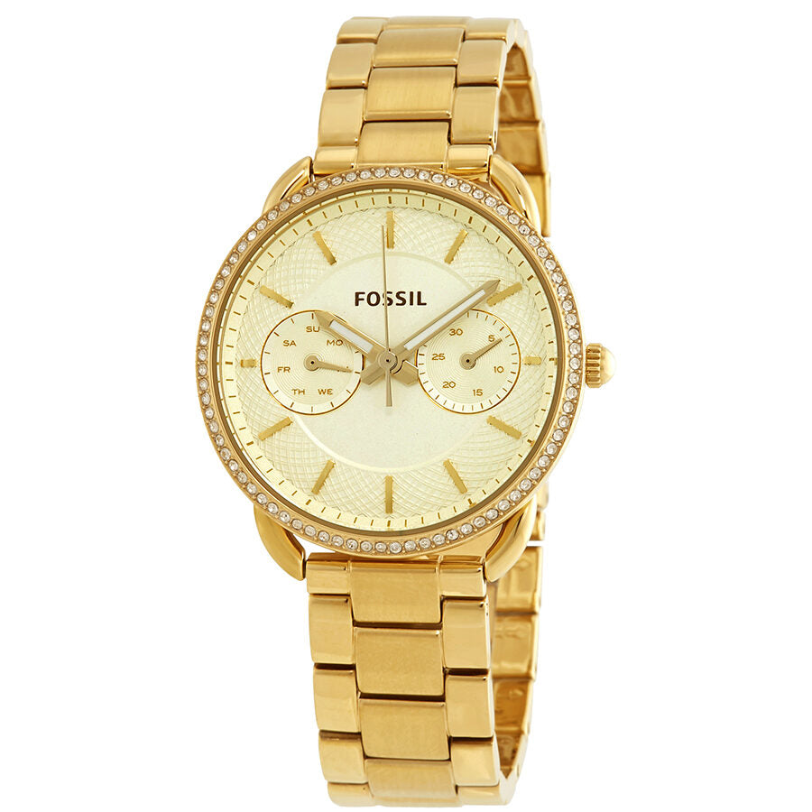 Fossil Tailor ladies watch with crystal white dial, gold-tone case with diamond bezel, and gold-tone bracelet