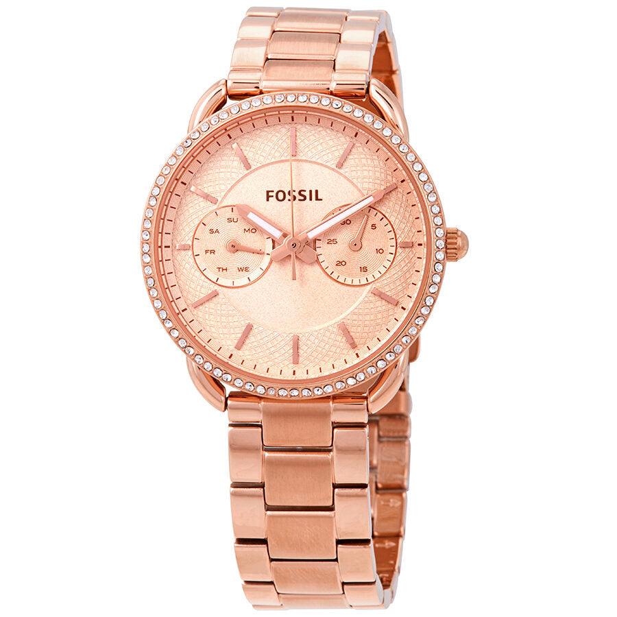 Fossil Tailor rose gold ladies watch with rose dial, crystal bezel, and multifunction subdials