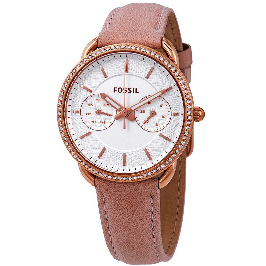 Fossil Tailor ladies watch with silver dial, rose gold case, crystal bezel, and pink leather strap