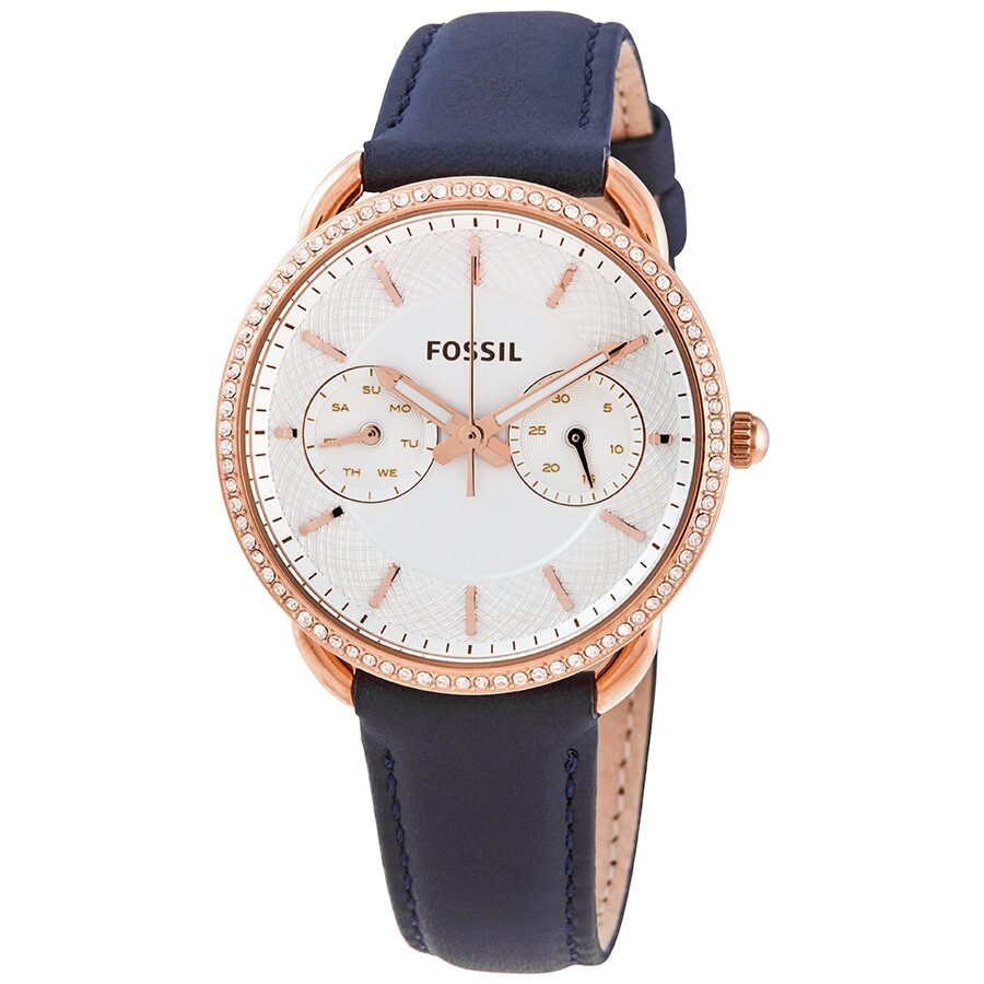 Fossil Tailor ladies watch with rose gold case, silver dial, chronograph subdials, and navy leather strap