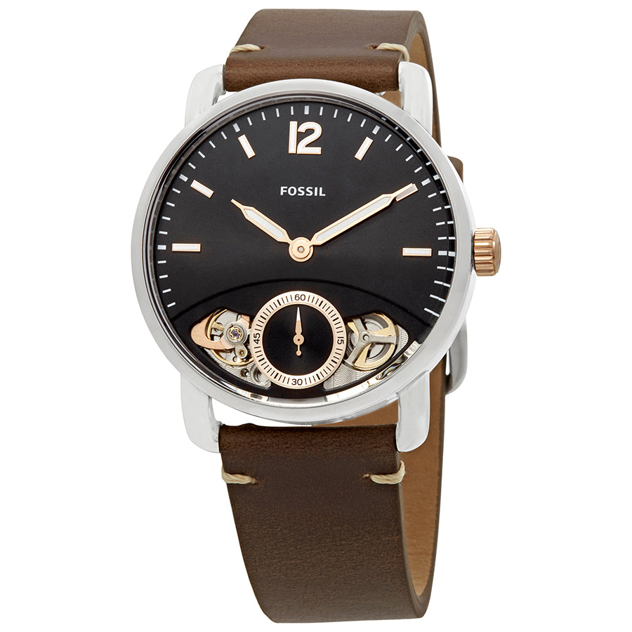 Fossil The Commuter watch with black dial, visible skeleton movement, brown leather strap and silver-tone case