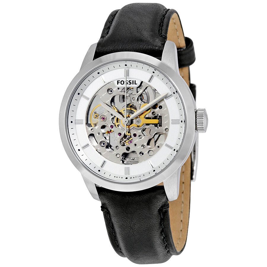 Fossil Townsman automatic skeleton dial watch with silver case, white dial, and black leather strap