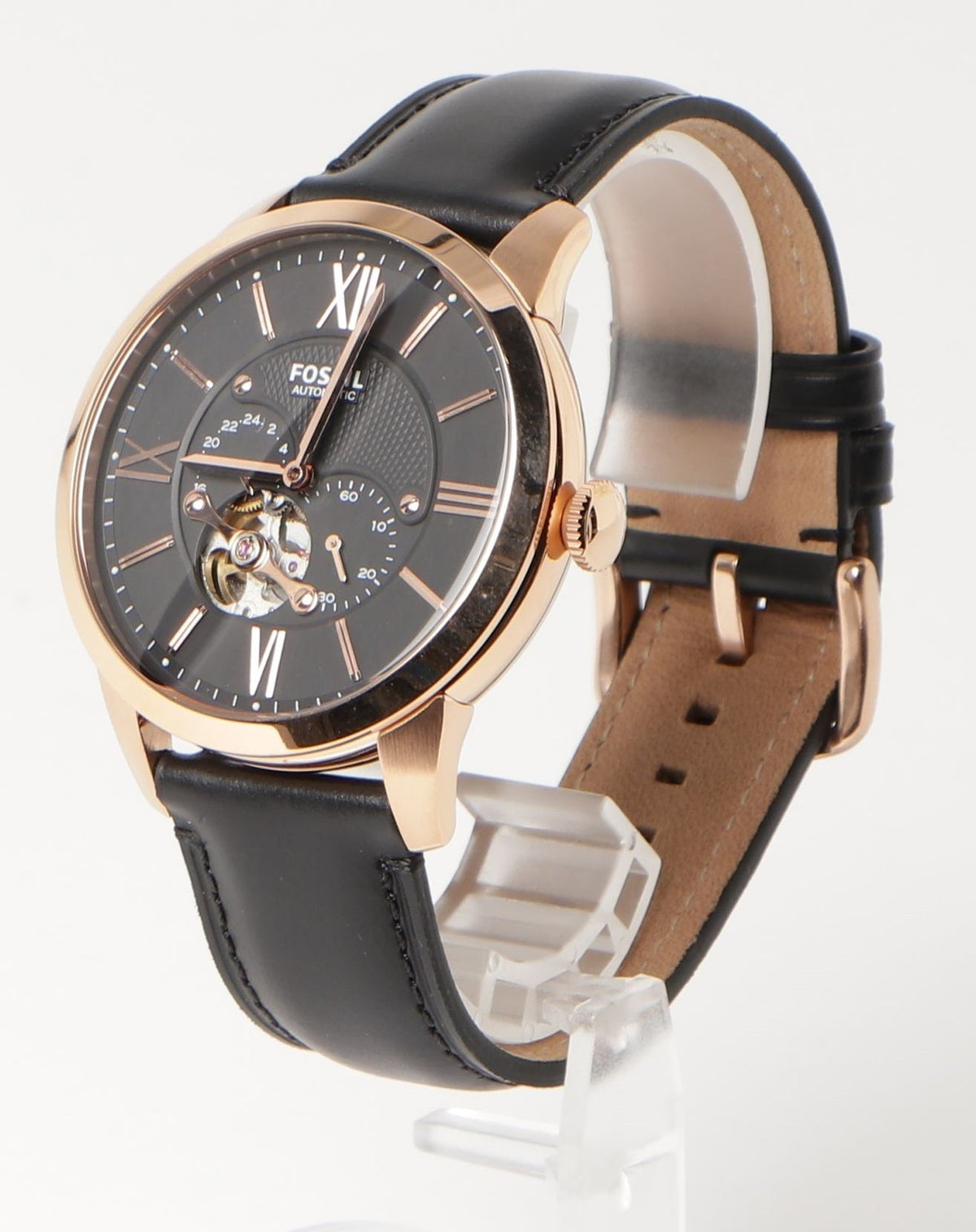 Fossil Townsman watch at angle showing black leather strap and rose gold case