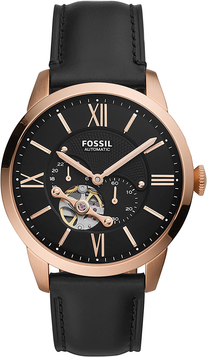 Fossil Townsman chronograph automatic men's watch with black dial and rose gold case