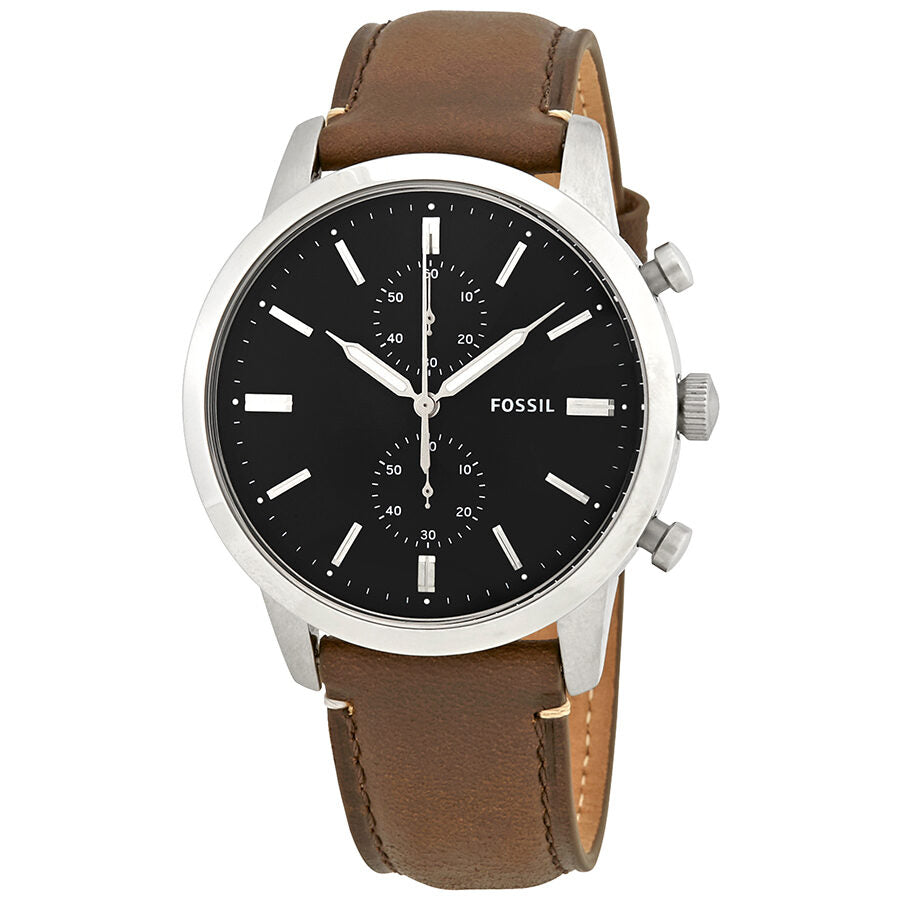 Fossil Townsman chronograph watch with black dial and brown leather strap