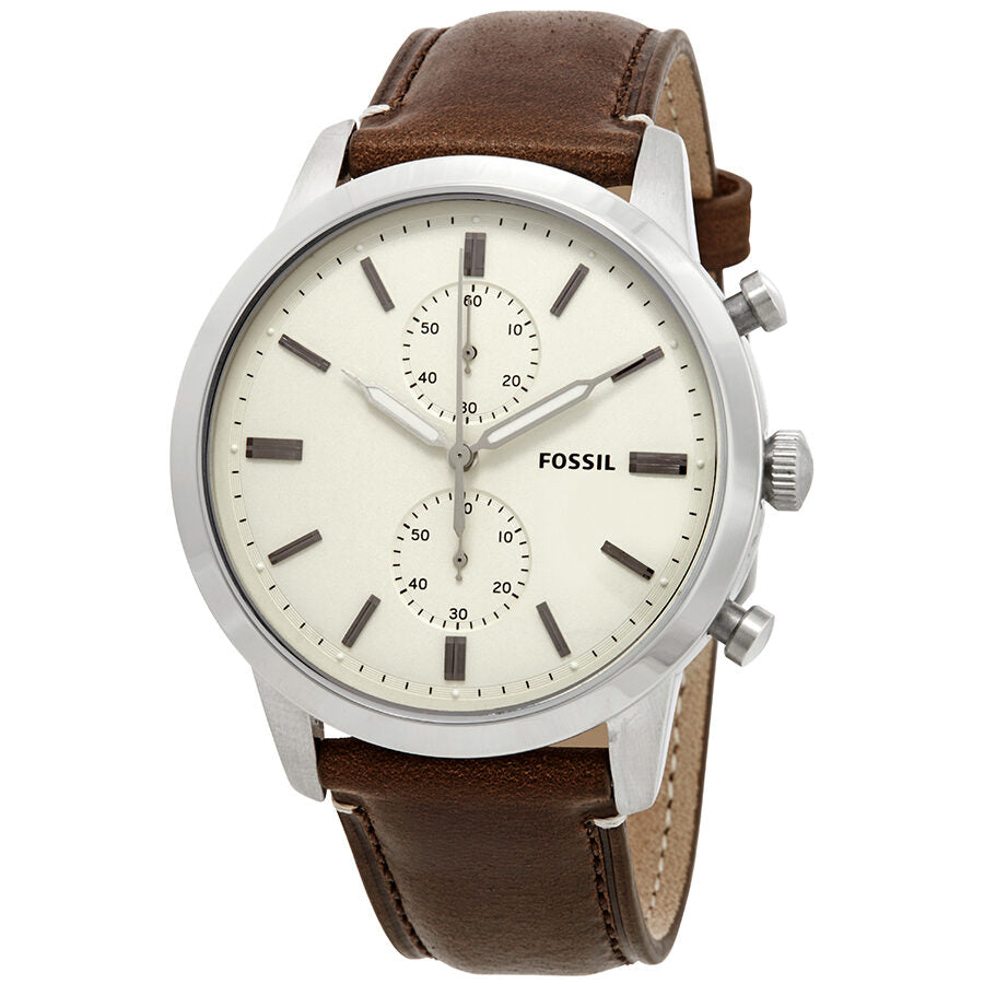Fossil Townsman chronograph watch with cream dial, stainless steel case, brown leather strap