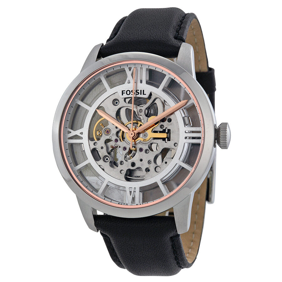 Fossil Townsman automatic men's watch with skeleton dial, stainless steel case, and black leather strap