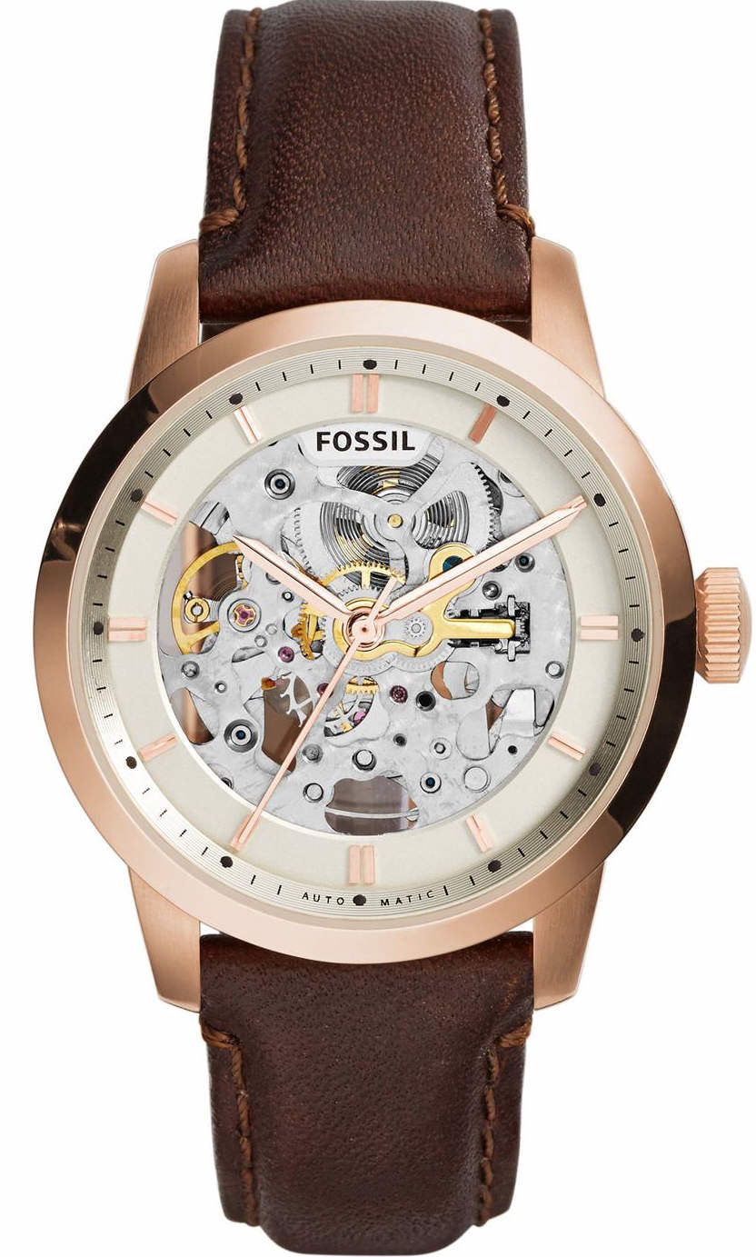 Fossil Townsman ME3078 watch with rose gold case and beige skeleton dial on brown leather strap