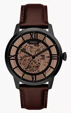Fossil Townsman automatic men's watch with skeleton dial, black case, brown leather strap