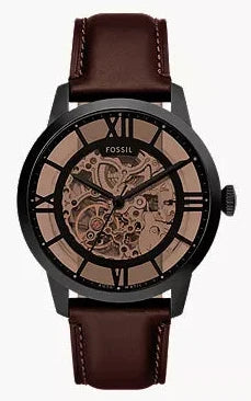 Fossil Townsman automatic men's watch with skeleton dial, black case, brown leather strap