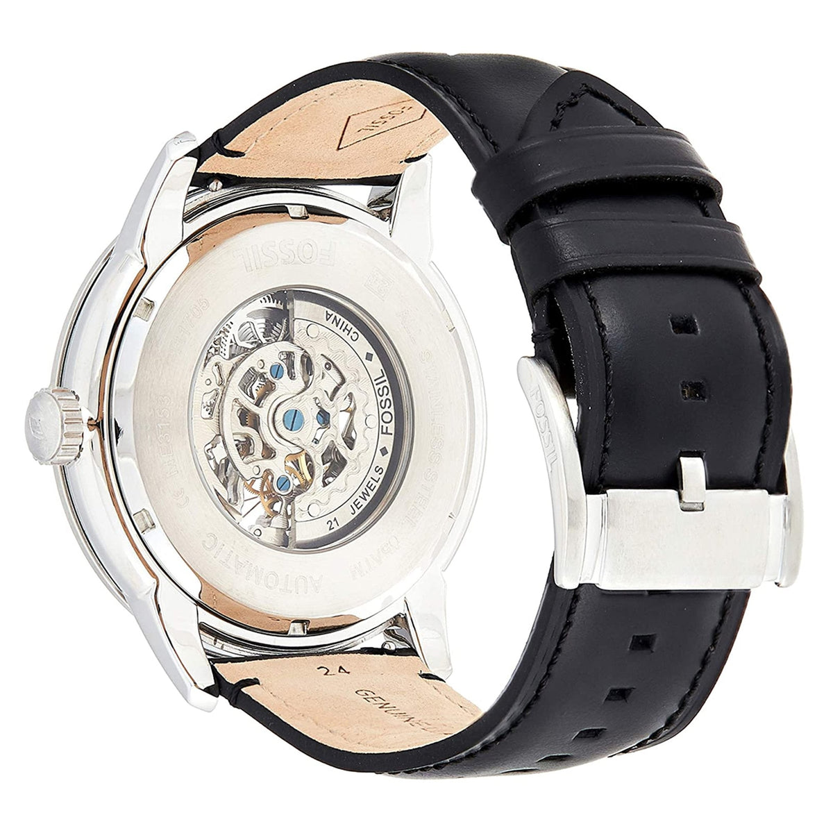 Fossil Townsman watch caseback showing skeleton movement through transparent display case