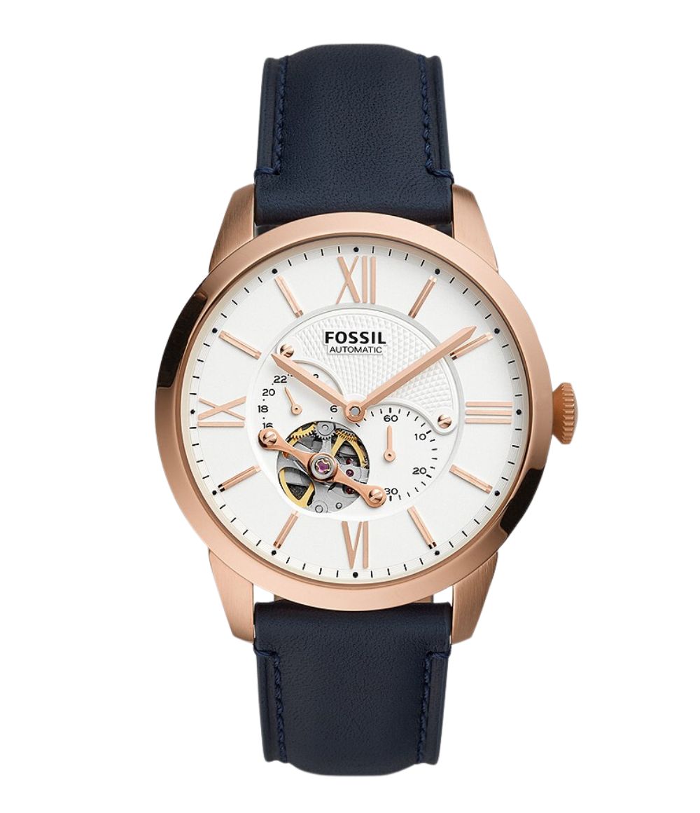 Fossil Townsman auto chronograph watch with white dial, rose gold case, Roman numerals, and navy leather strap