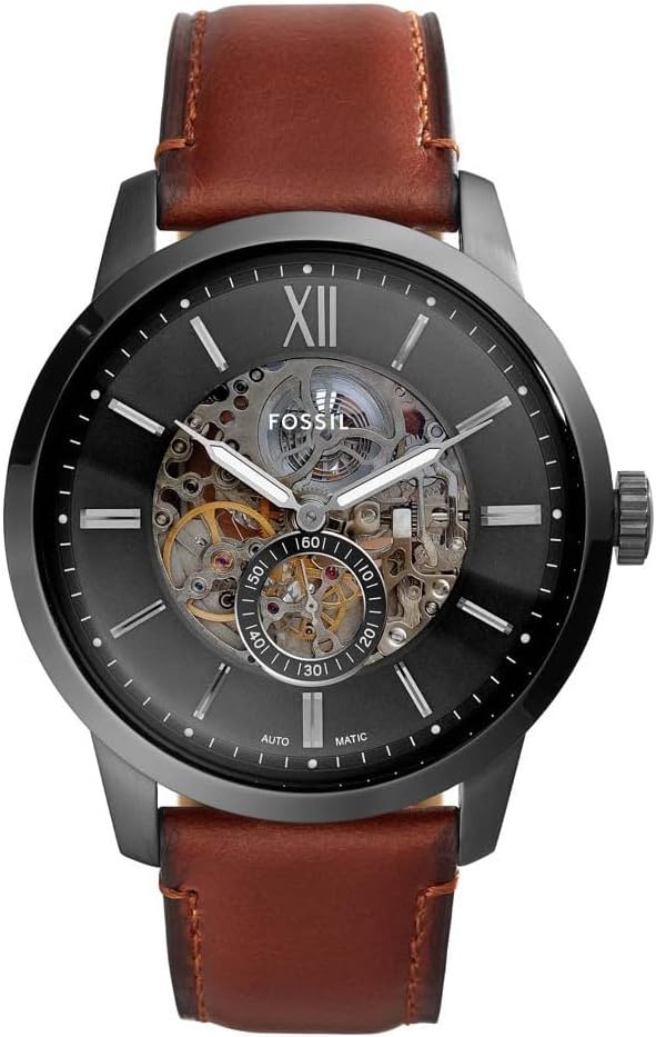 Fossil Townsman Automatic Skeleton Black Dial Brown Leather Strap Watch for Men - ME3181
