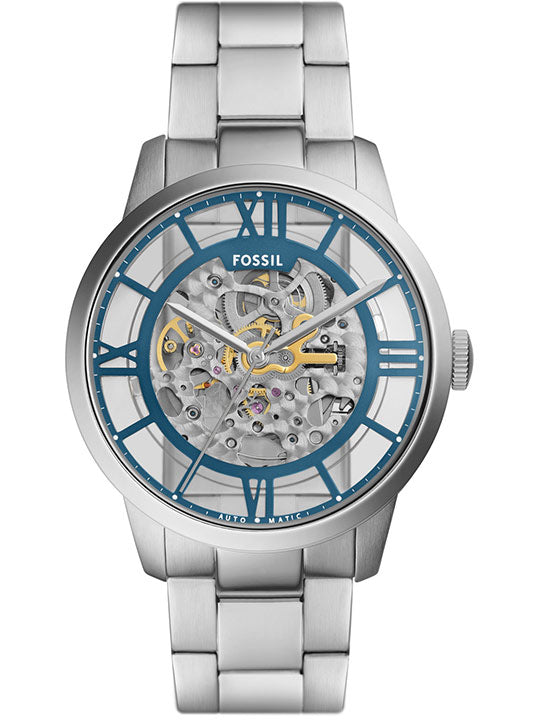 Fossil Townsman ME3260 automatic skeleton watch with blue dial and Roman numerals