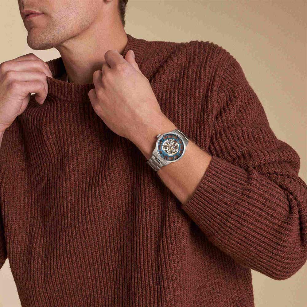 Fossil Townsman ME3260 watch worn on wrist with stainless steel bracelet