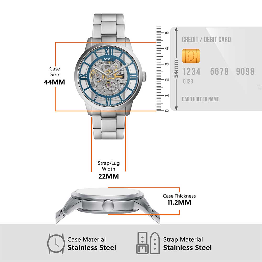 Fossil Townsman ME3260 specifications showing 44mm case, 22mm strap width, 11.2mm thickness