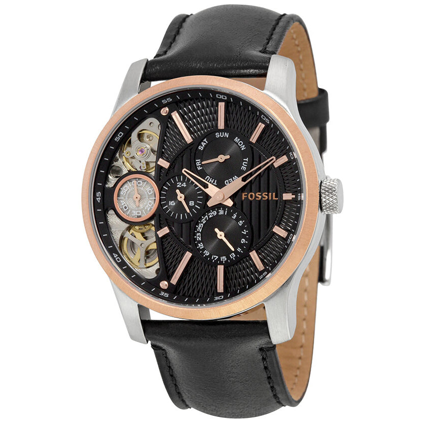 Fossil Twist multi-function men's watch with black dial, rose gold bezel, visible automatic movement, and black leather strap