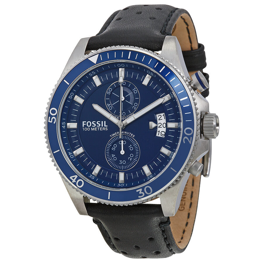 Fossil Wakefield Chronograph watch with blue dial, white hour markers, black leather strap, and stainless steel case