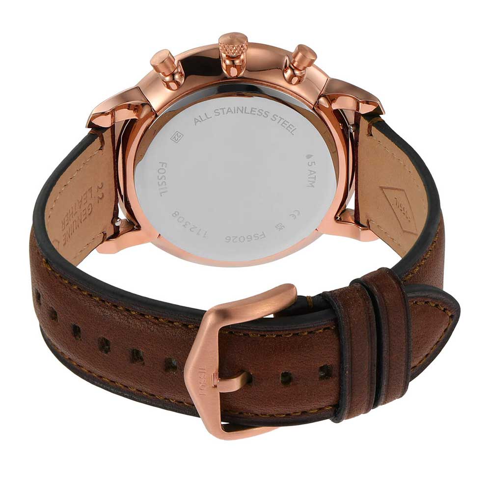 Back view of Fossil Neutra watch showing stainless steel caseback and brown leather strap