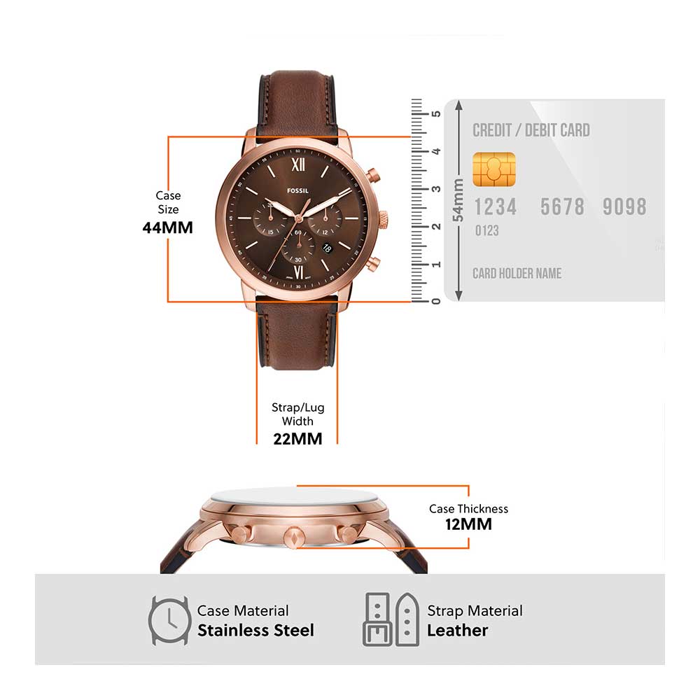 Fossil Neutra watch specifications showing 44MM case width and 22MM strap width with materials