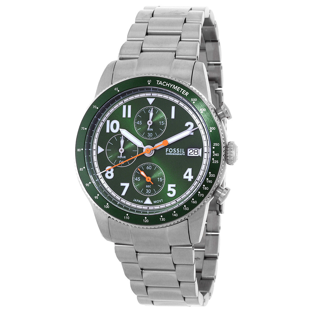 Fossil Sport Tourer green dial chronograph with tachymeter bezel and steel bracelet