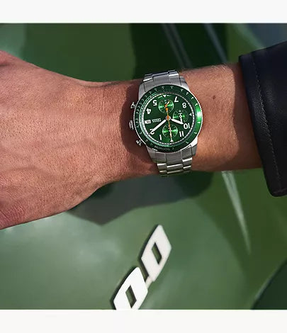 Fossil Sport Tourer Chronograph Green Dial Silver Steel Strap Watch for Men - FS6048