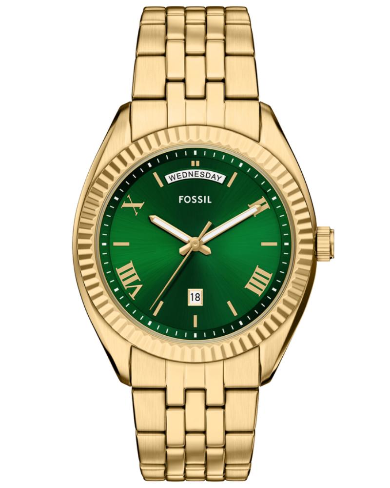 Campbell three-hand day-date watch with green dial and gold-tone stainless steel case