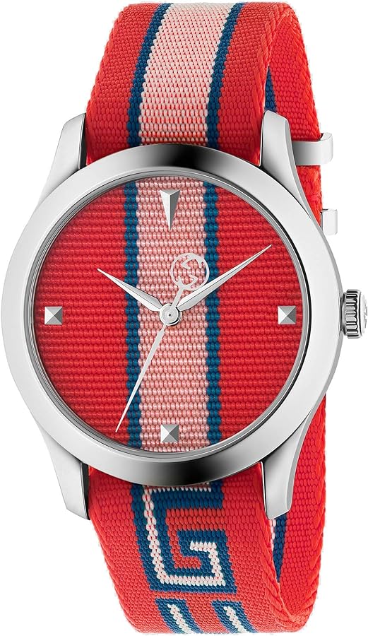 G-Timeless 38mm watch with red nylon strap and striped dial