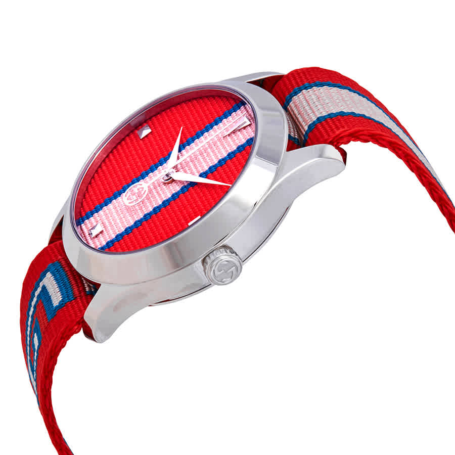 G-Timeless 38mm watch worn on wrist with red striped nylon band