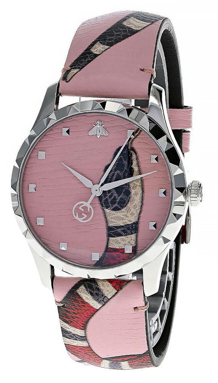 G-Timeless 38mm watch front view with pink dial and snake motif