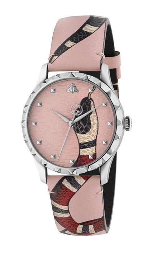 G-Timeless 38mm watch with pink dial, snake-themed strap and bezel