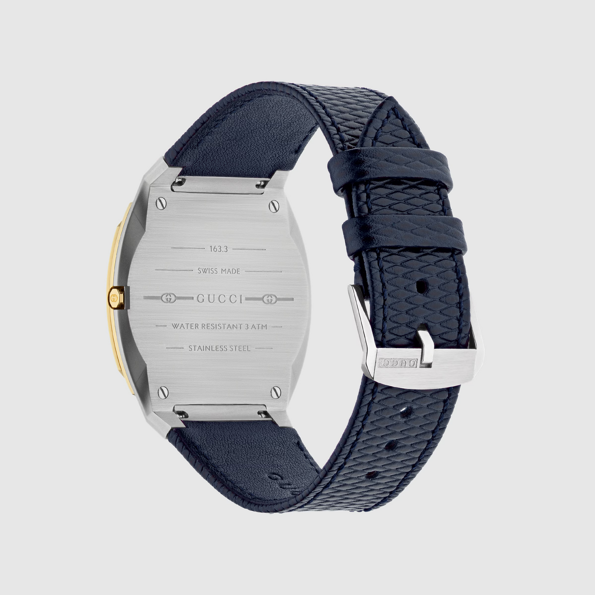 GUCCI 25H caseback showing stainless steel case, water resistant marking, and navy leather strap