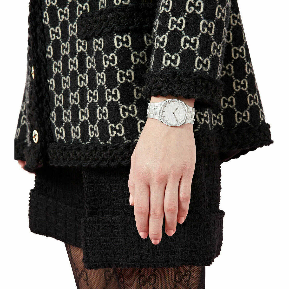 Gucci 25H Quartz Diamond Watch with Silver Dial and Silver Steel Bracelet for Women - YA163401