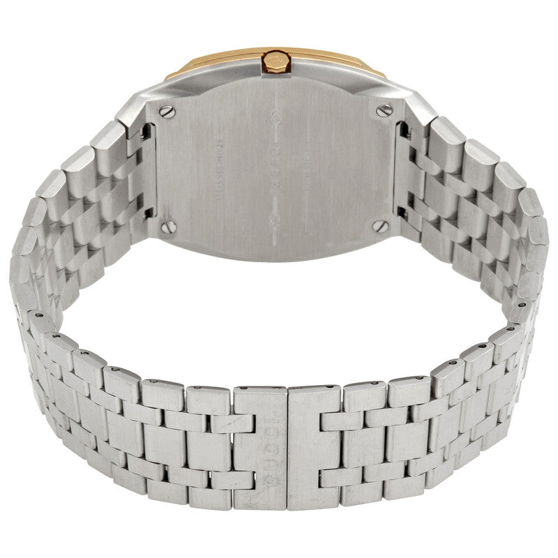 Gucci 25H watch caseback showing stainless steel case with screw details and gold crown