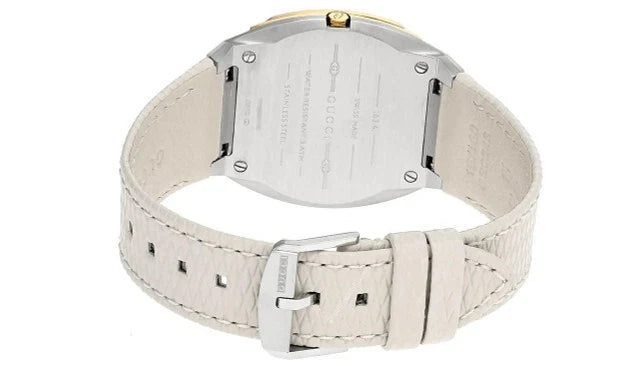 GUCCI 25H 34MM QTZ SS Golden Brass Dial White LTHR Unisex Watch YA163416