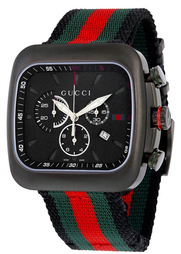 Gucci Coupe chronograph watch three-quarter view showing square case and striped strap