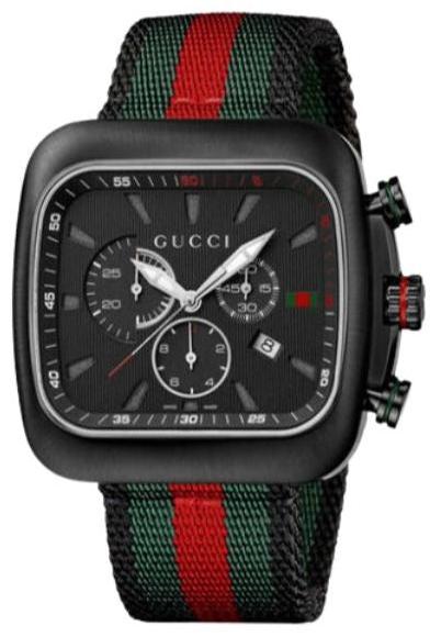 Gucci Coupe chronograph watch with black dial and green-red-black striped NATO strap